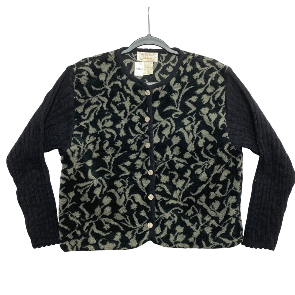 Tally-Ho Cardigan Womens PL Black Floral Mixed Media Fleece Ribbed Button-Down